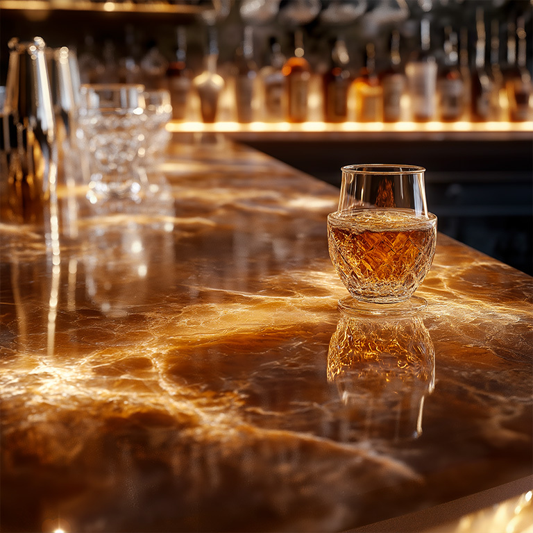 Elegant red onyx countertop in a bar, backlit with LED light sheets