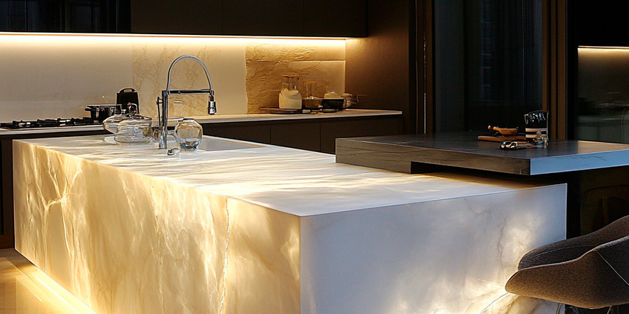 Elegant white kitchen quartz countertop backlit with white LED sheets