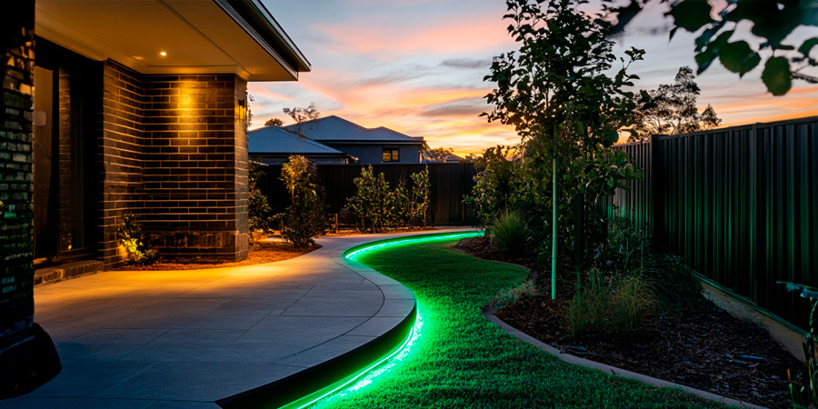 Backyard decorated with green LED strips from the Vivid Color LED Strip Light series