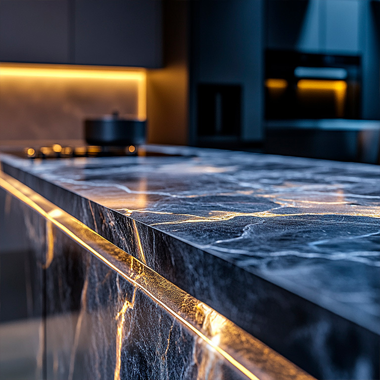 Detail of a black marble countertop backlit with LED sheets giving elegant light accents to the stone