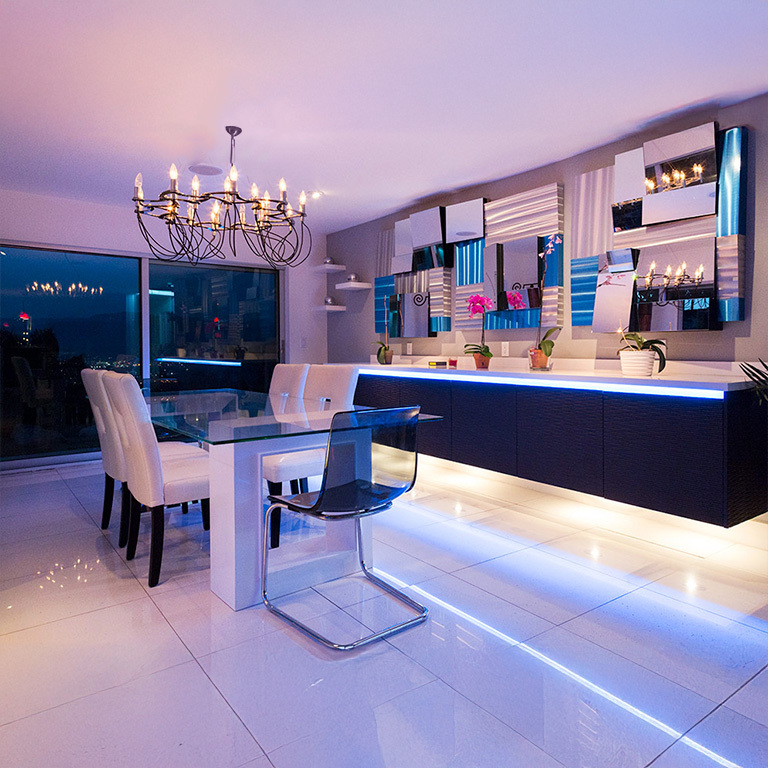 Countertop bar illuminated with blue RGB strip lights