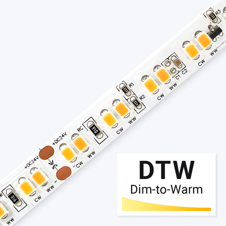 Dim-to-warm LED strip plug and play kit with smart controls and accessories