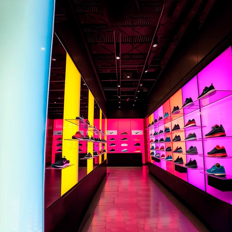 Display of running shoes using backlight with colorful LED lights