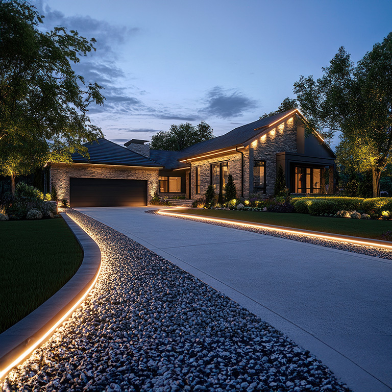 A long driveway lined with warm accent lighting at night, leading to a modern home with a stone facade.