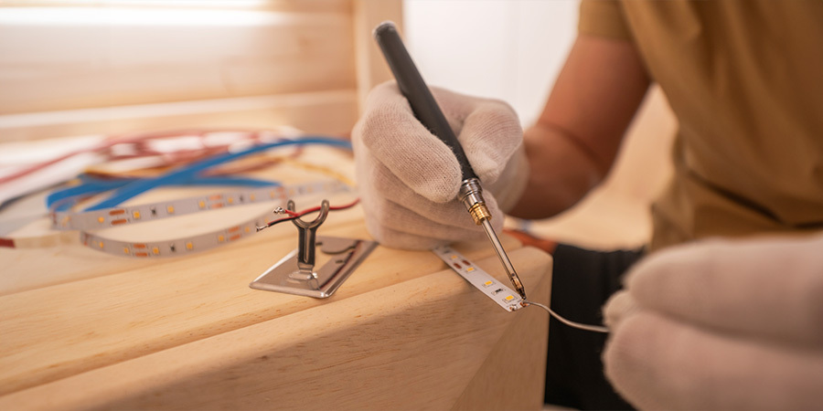 electrician-with-soldering-iron-attaching-led-strip-cable Electrician using a soldering iron to attach a cable to an LED strip.