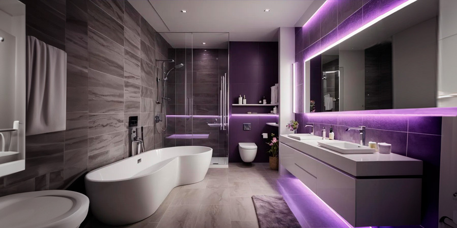 elegant-bathroom-with-purple-lights-accents Elegant bathroom decorated with purple light accents for a relaxing and sophisticated atmosphere