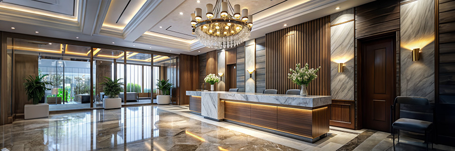 Elegant hotel reception with modern lighting design.