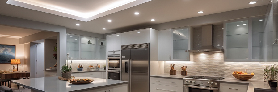 Elegant modern kitchen with lighting design made of LED strips under the cabinets and cove light on the ceiling