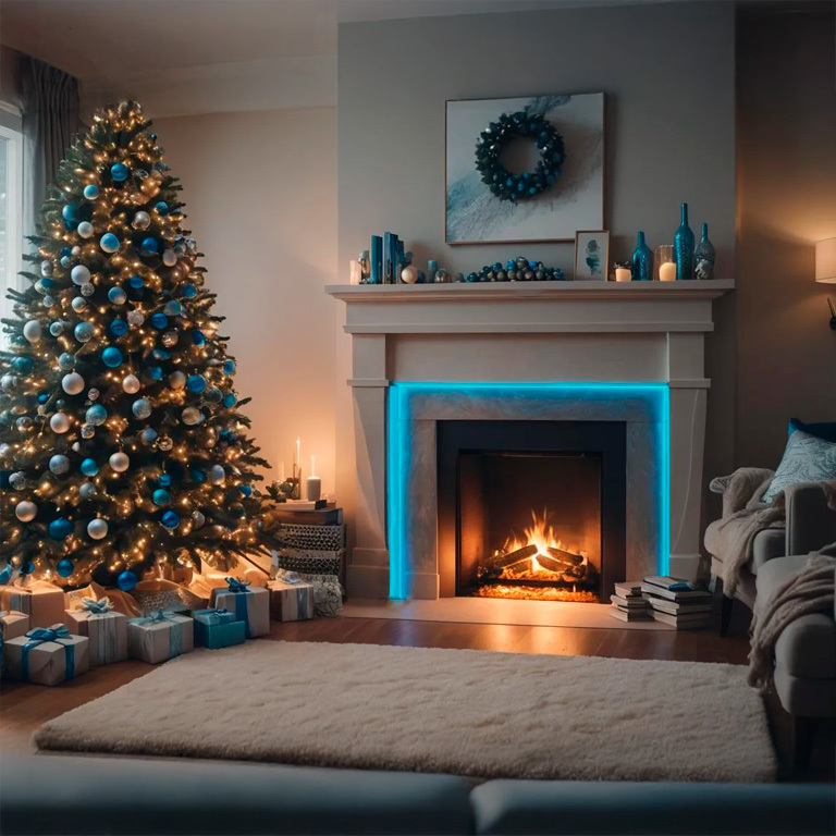 Fireplace-lit with blue RGB lights that match the Christmas decoration