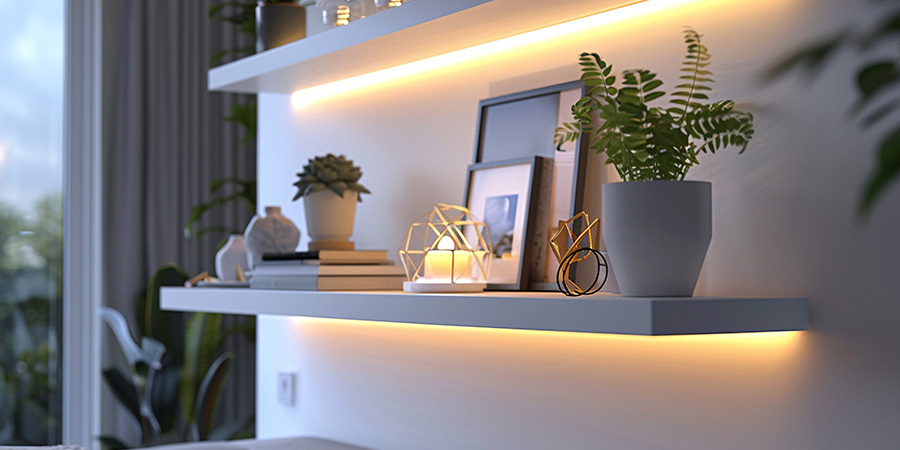 Shelves with ambient LED lighting, displaying books, plants, and framed photos