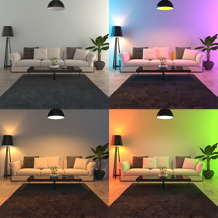 Four different color lights set up in a living room.