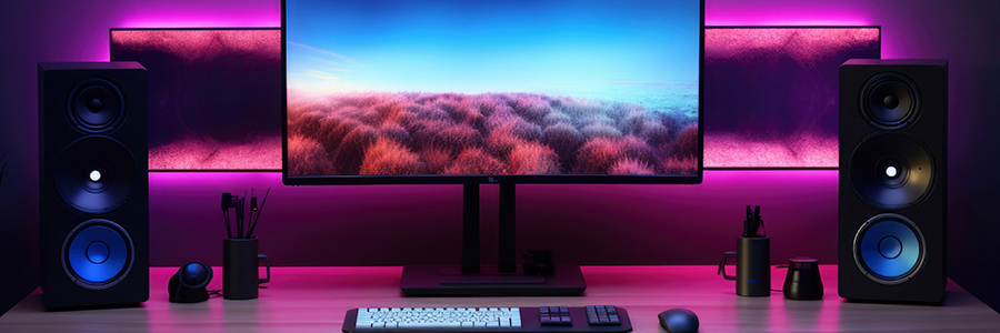 gamer room with a decorative wall illuminated with fuchsia-colored RGB LED lights