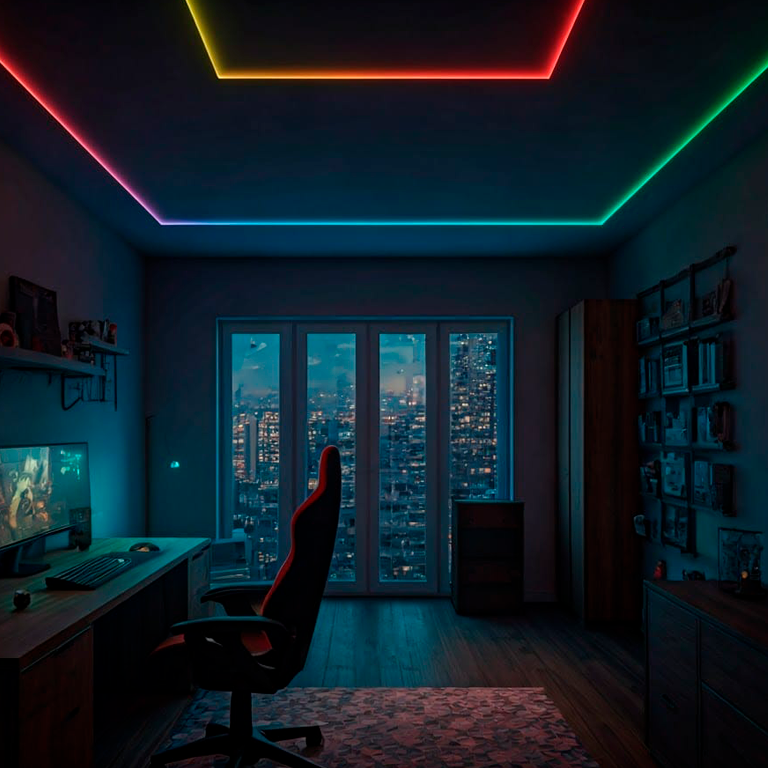 Gamer room decorated with RGB digital LED strip lights on the ceiling with a rainbow effect.