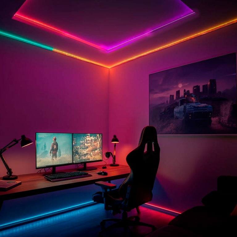 Gamer room with colorful RGB digital LED strip lights on the ceiling.