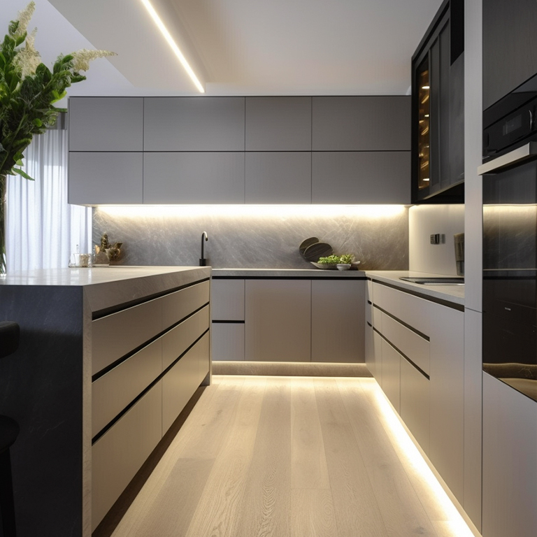 Minimalist and modern gray kitchen with lighting design made with white LED strips