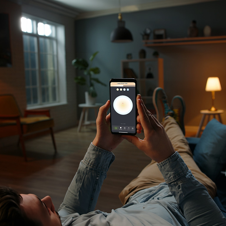 Close-up of a man's hands holding a smartphone displaying a digital controller app for tunable white LED lights.