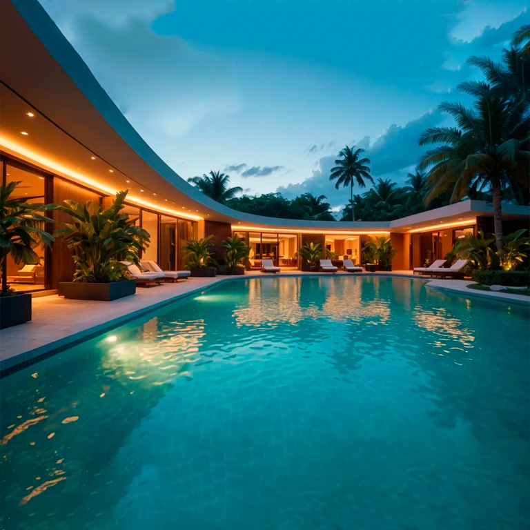 Hotel soffit lighting using LED strips around a swimming pool