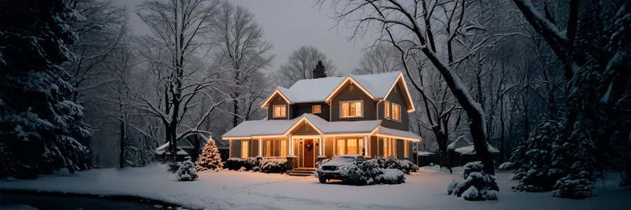 American suburban house outlined with LED strips as Christmas lights
