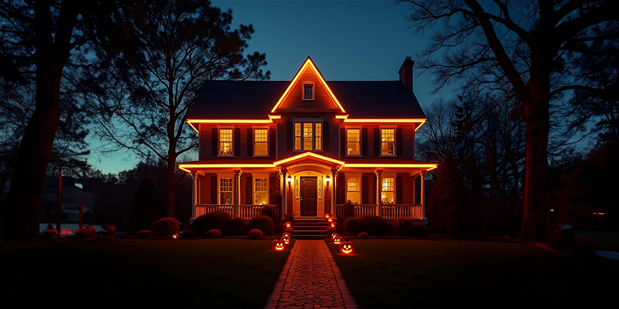 Warm lighting ideas for homes during the Halloween season include a LED jack-o’-lantern path and RGB soffit orange lighting.