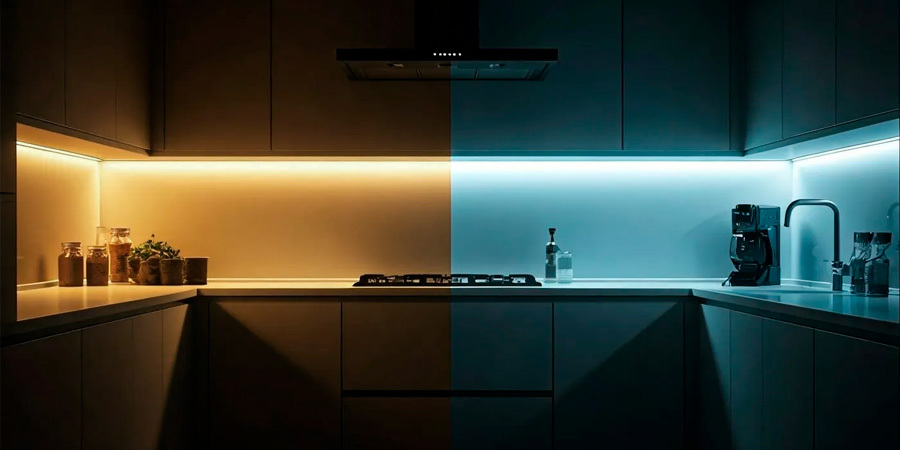 Kitchen LED lighting warm and cool tones A modern kitchen showcasing LED strip lighting with two distinct tones: warm amber on the left and cool white on the right, emphasizing versatility in under-cabinet lighting options.