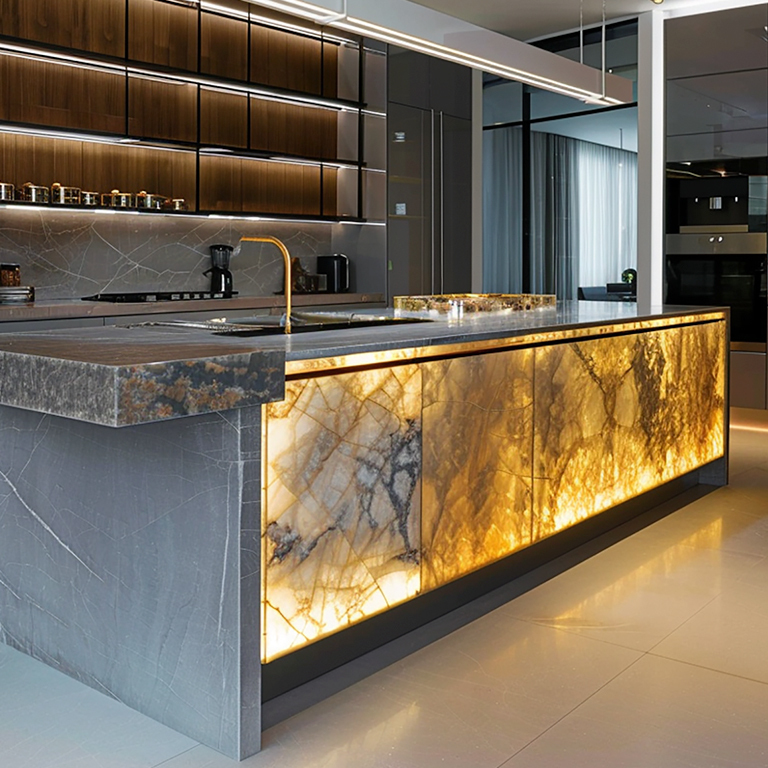 Kitchen with translucent stone countertop backlit by LED light sheets