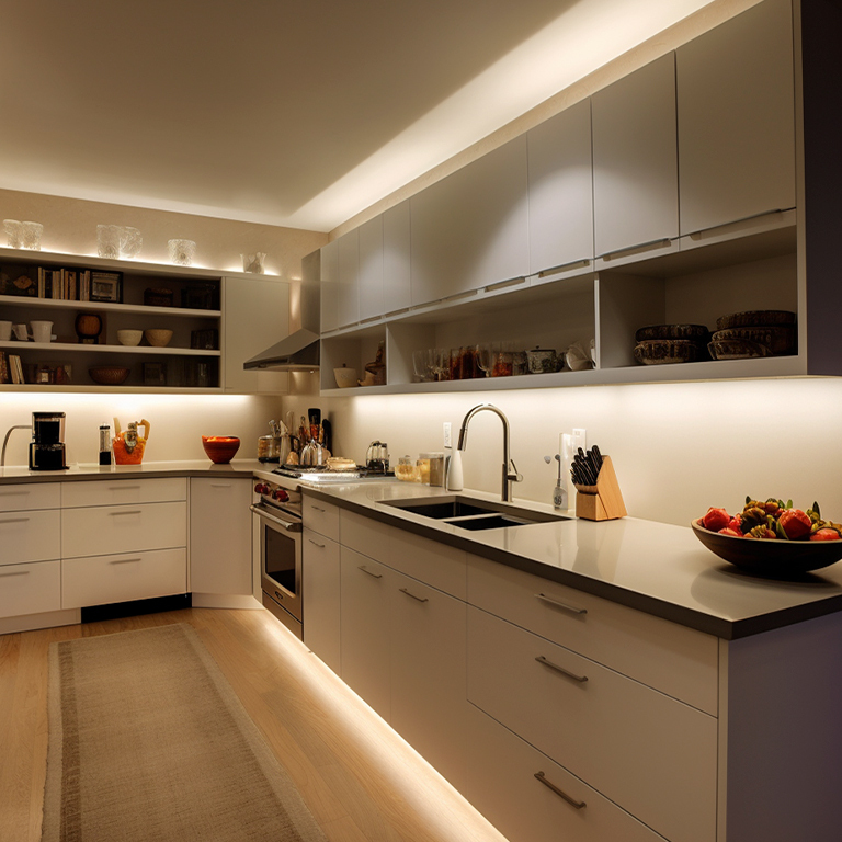 Kitchen with white cabinets and LED strips lighting over and under the cabinets, and on the countertop kicker.