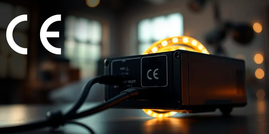 A close-up of a CE-compliant power supply unit for LED lighting. The unit is connected to a cable and is illuminated by warm light.