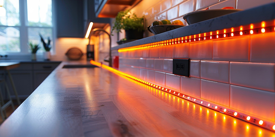  A modern kitchen with warm orange LED strip lighting installed along the backsplash, highlighting the tiled wall and wooden countertop.