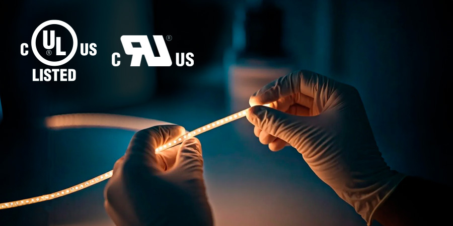  A close-up of gloved hands holding a flexible strip of LED lights, likely during a quality control inspection process.