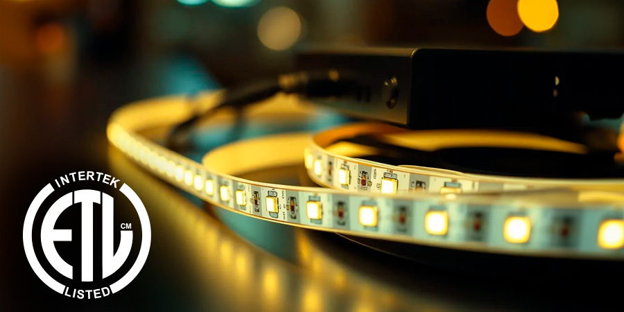 Roll of warm yellow LED strip lighting coiled on a dark surface. The lights are turned on, illuminating the strip and creating a warm glow.