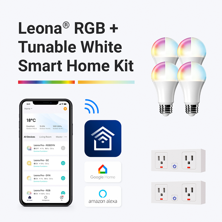 Leona RGB + Tunable White Smart Home Kit Smart home kit featuring RGB and tunable white bulbs, smart plugs, and mobile app