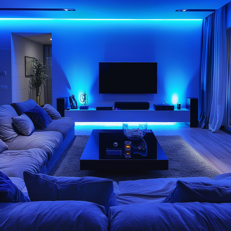 Elegant living room with blue RBG lights behind the walls and under the TV cabinet