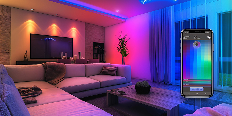 Living room with smart LED strip lighting that changes colors via the Leona smart app.