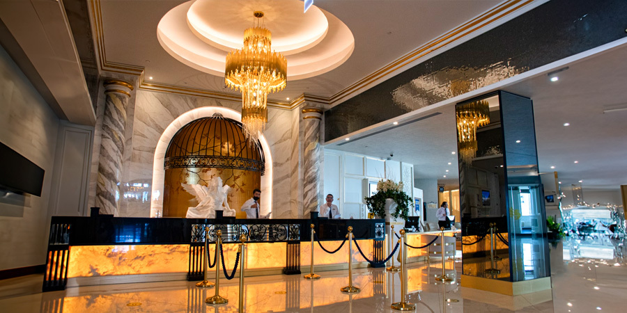 Elegant hotel reception with excellent lighting design using LED lights.