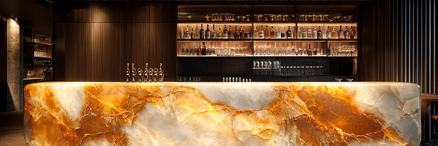 Marble bar counter backlit with warm white LED sheets to make it look cozy and elegant