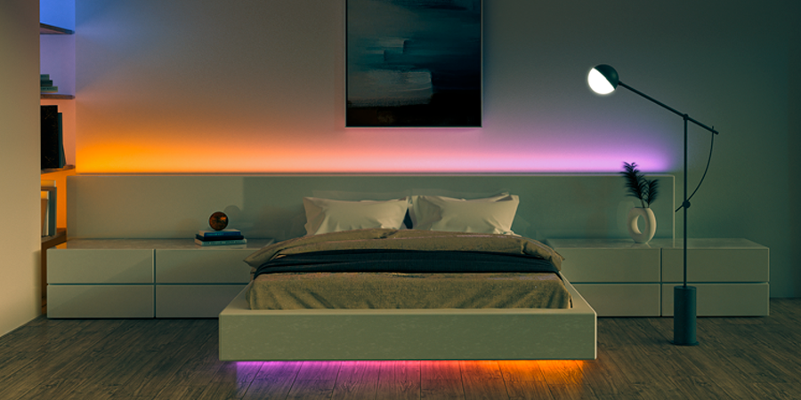 modern and minimalist bedroom illuminated by digital RGB lights