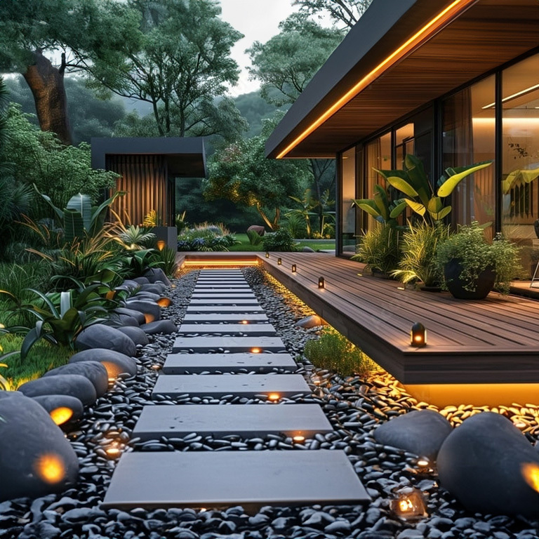 A sleek outdoor garden featuring a contemporary pathway with stepping stones surrounded by pebbles, highlighted by warm LED lighting embedded along the edges and beneath a wooden deck, creating a serene and stylish ambiance.