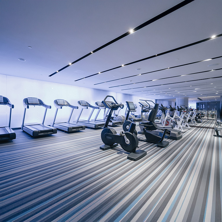  A sleek and modern gym illuminated with cool-toned LED lights, highlighting workout equipment and creating a bright, energetic environment for fitness enthusiasts.