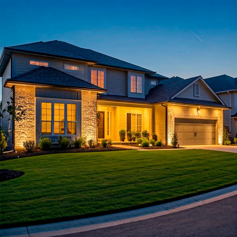 A modern home with warm lighting at night, highlighting its sleek design and outdoor features.