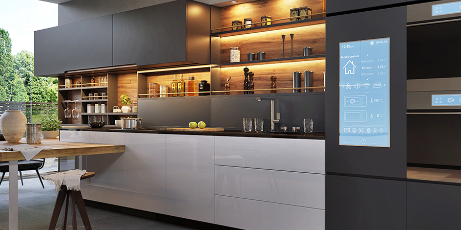 A modern kitchen featuring black wood cabinets and under-shelves LED lighting