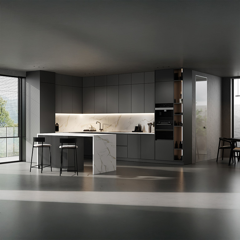 A sleek modern kitchen with neutral white LED strip lighting installed under the cabinets, highlighting the clean and minimalist design.