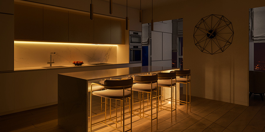 Contemporary kitchen design featuring LED lights under cabinets and around the island