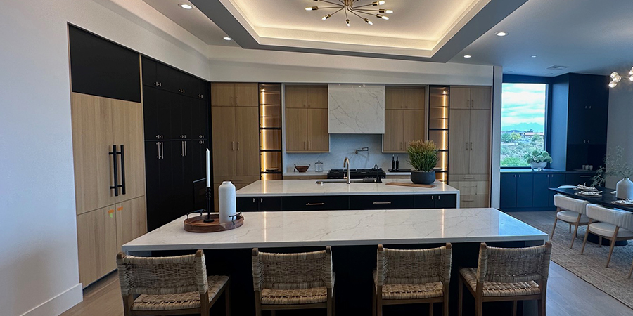 Modern kitchen with open shelves illuminated from within with LED lights.