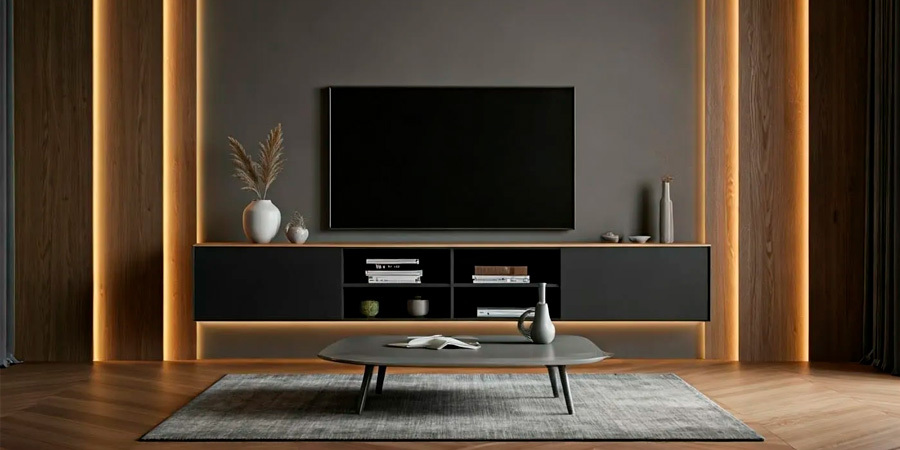 A modern, dark-colored TV cabinet with warm lighting highlighting display shelves on either side of a centrally mounted television, complemented by a minimalist coffee table and rug in a contemporary living room.