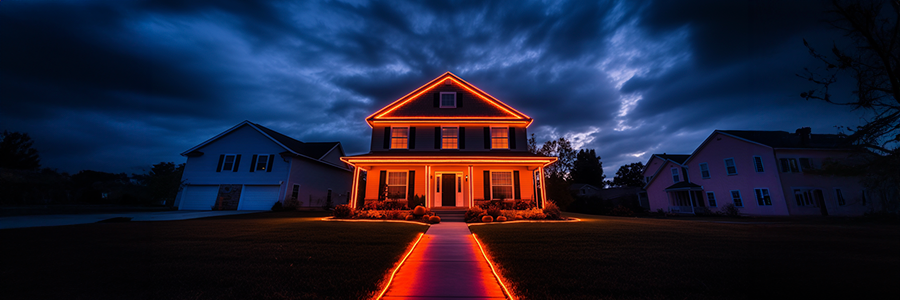 Orange-lit house outline enhancing the Halloween atmosphere.