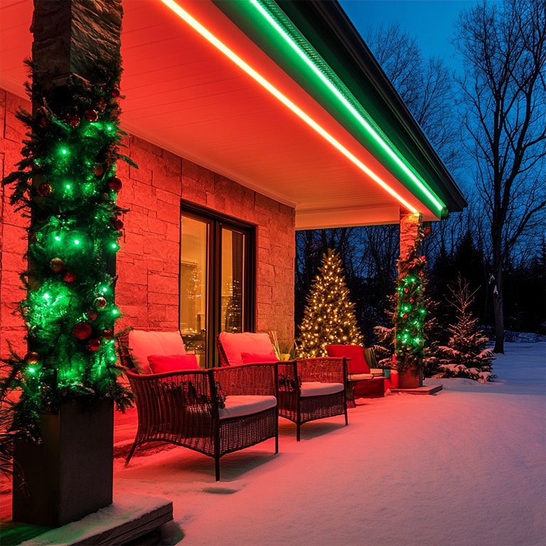 House exterior Christmas decoration with red and green LED strips