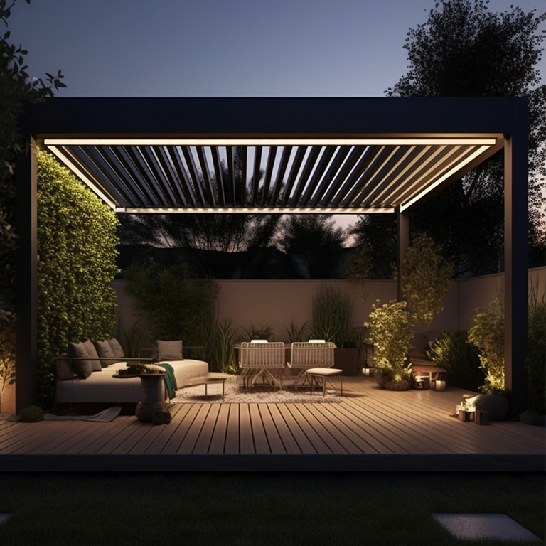 A modern pergola with integrated LED lighting and comfortable seating areas.