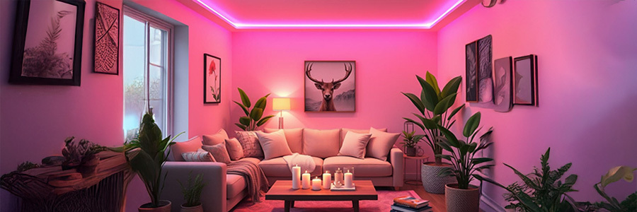 Living room with pink LED lights and stylish decor, including plants and artwork