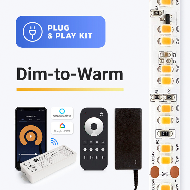 Plug and Play Dim-to-Warm LED Strip Kit Dim-to-warm LED strip plug and play kit with smart controls and accessories