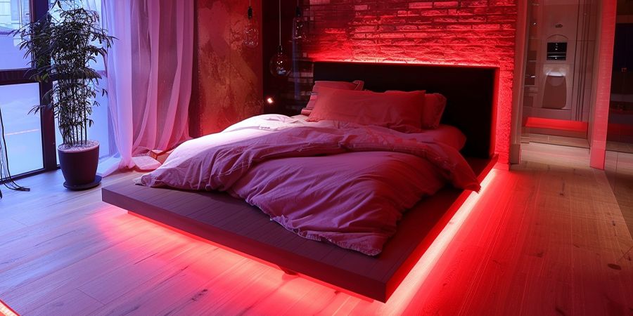 RGB lights under the bed adding a vibrant glow to the bedroom